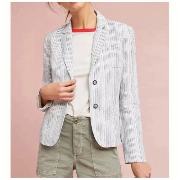 Anthropologie Jackets & Blazers - Anthropologie cartonier blue pin striped linen button front blazer 4
